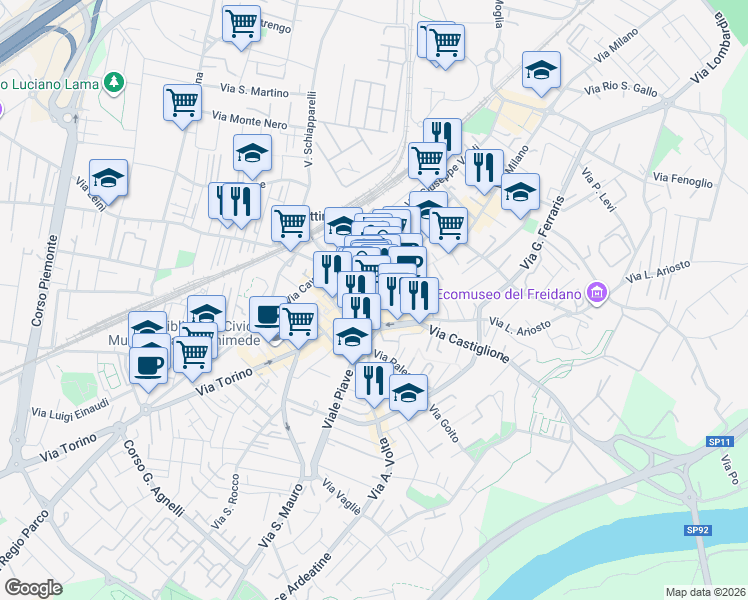 map of restaurants, bars, coffee shops, grocery stores, and more near 1 Via San Francesco D'Assisi in Settimo Torinese
