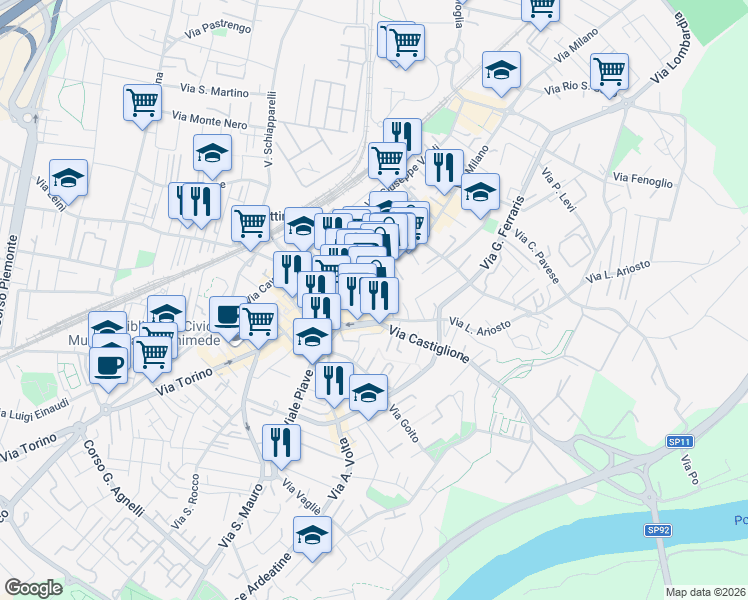 map of restaurants, bars, coffee shops, grocery stores, and more near in Metropolitan City of Turin