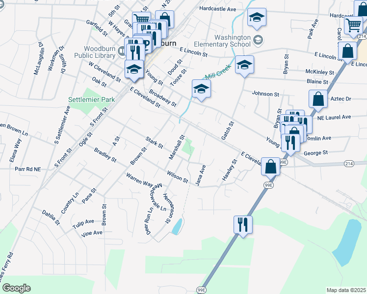 map of restaurants, bars, coffee shops, grocery stores, and more near 256 Marshall Court in Woodburn