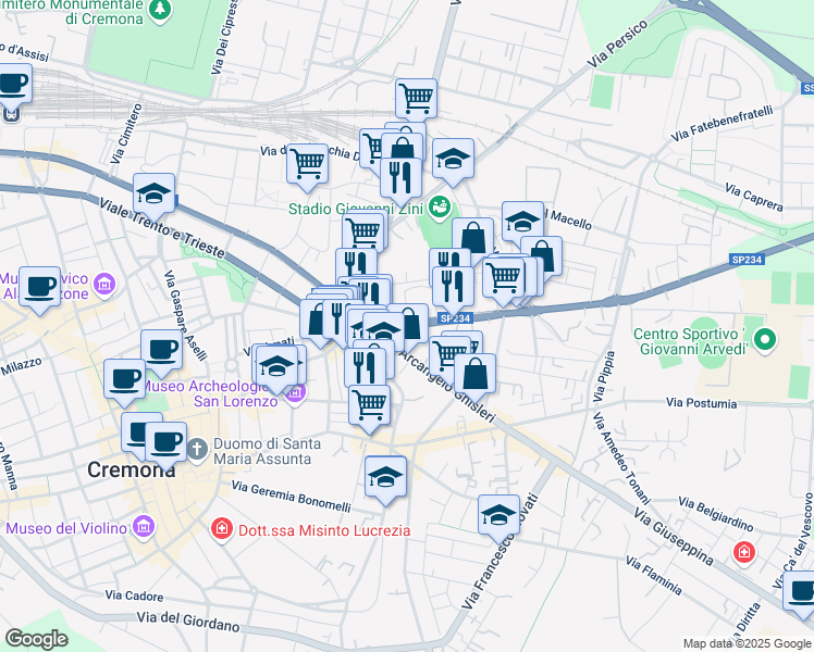 map of restaurants, bars, coffee shops, grocery stores, and more near 11 Via Mantova in Cremona