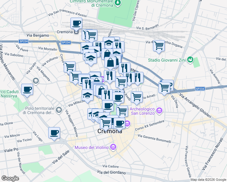 map of restaurants, bars, coffee shops, grocery stores, and more near 1 Via Regina Teodolinda in Cremona