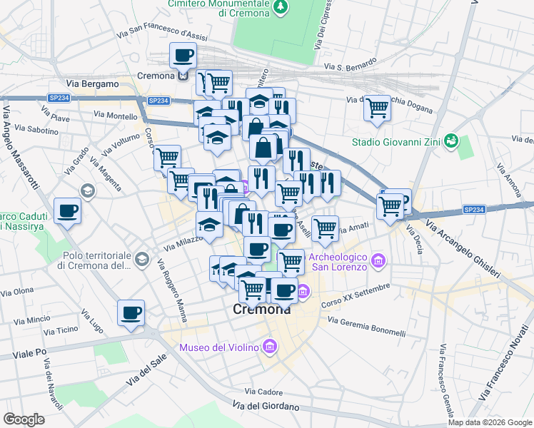 map of restaurants, bars, coffee shops, grocery stores, and more near 1 Via Regina Teodolinda in Cremona