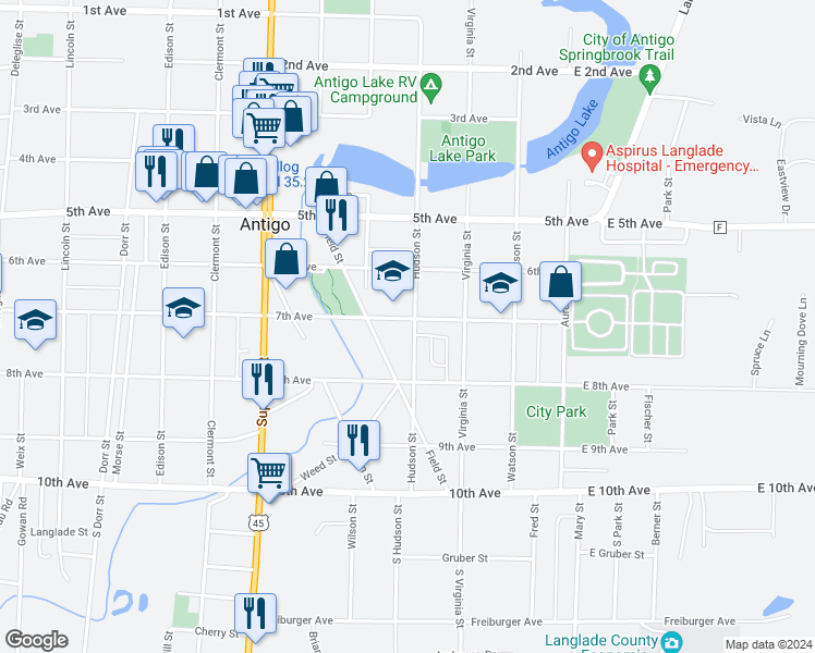 map of restaurants, bars, coffee shops, grocery stores, and more near 428 Hudson Street in Antigo