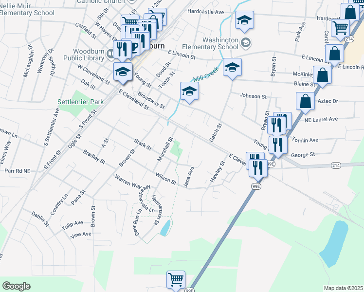 map of restaurants, bars, coffee shops, grocery stores, and more near 230 Marshall Street in Woodburn