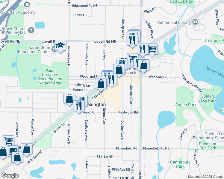 map of restaurants, bars, coffee shops, grocery stores, and more near 9141 South Highway Drive in Circle Pines