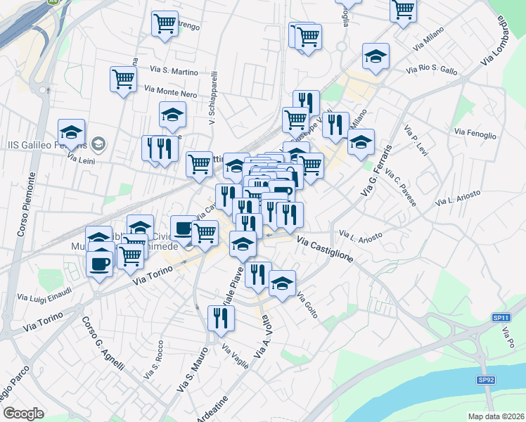 map of restaurants, bars, coffee shops, grocery stores, and more near 62 Via Italia in Settimo Torinese