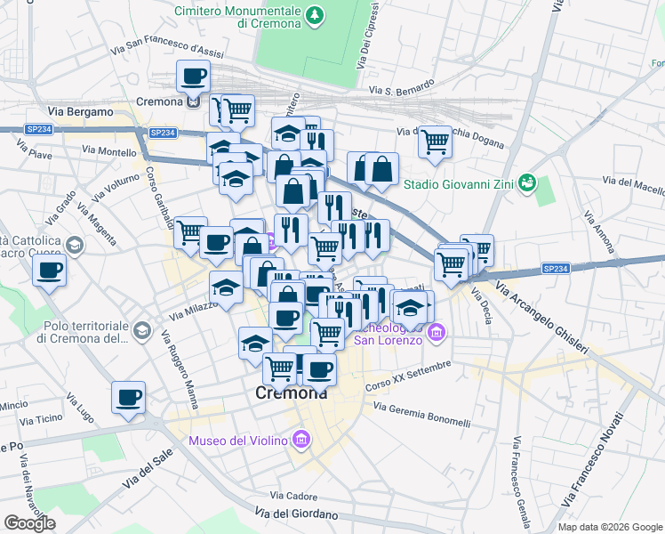 map of restaurants, bars, coffee shops, grocery stores, and more near 58 Via Gaspare Aselli in Cremona