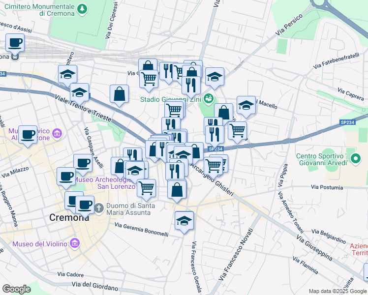 map of restaurants, bars, coffee shops, grocery stores, and more near 20 Piazza della Libertà in Cremona