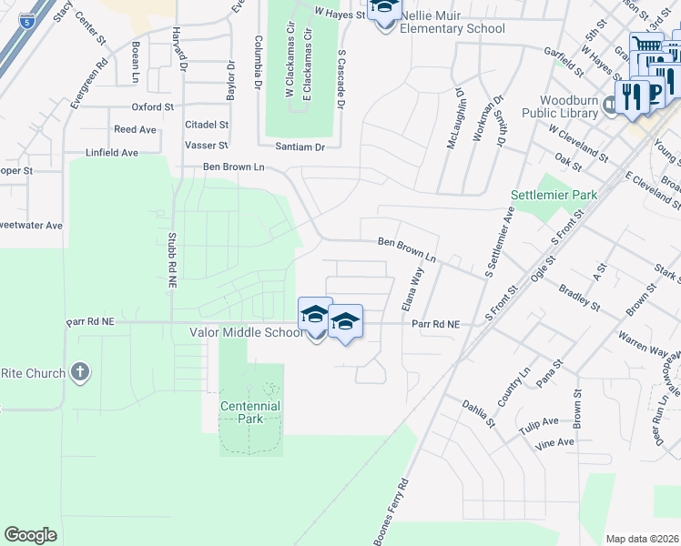 map of restaurants, bars, coffee shops, grocery stores, and more near 561 Barley Street in Woodburn