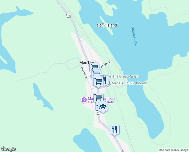 map of restaurants, bars, coffee shops, grocery stores, and more near 516 George Street in MacTier