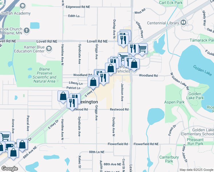 map of restaurants, bars, coffee shops, grocery stores, and more near 9141 South Highway Drive in Circle Pines