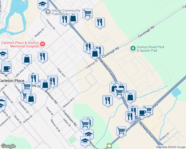 map of restaurants, bars, coffee shops, grocery stores, and more near 7 McPhail Road in Carleton Place
