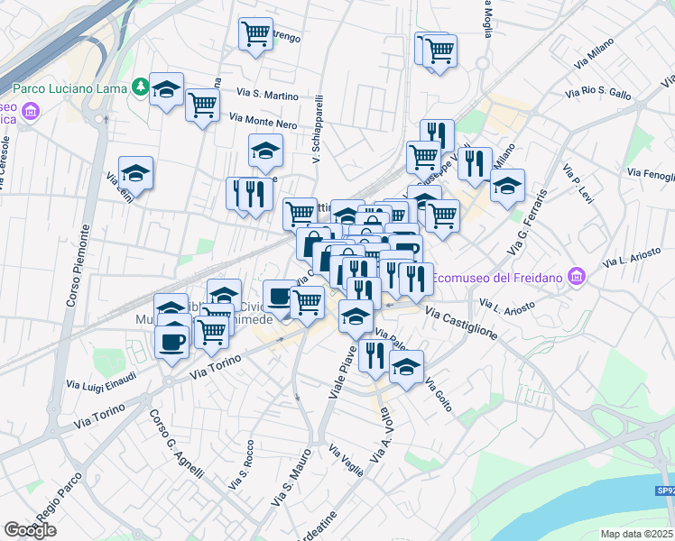 map of restaurants, bars, coffee shops, grocery stores, and more near 17A Via Cavour in Settimo Torinese