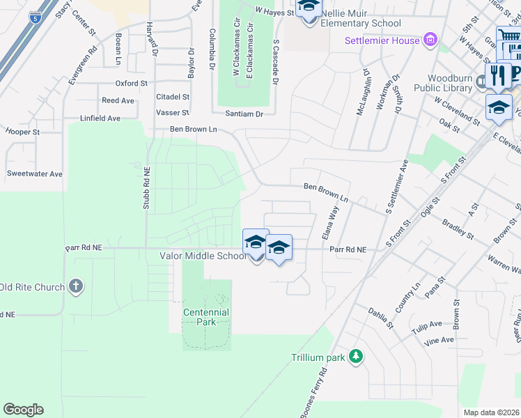 map of restaurants, bars, coffee shops, grocery stores, and more near 733 Fescue Avenue in Woodburn