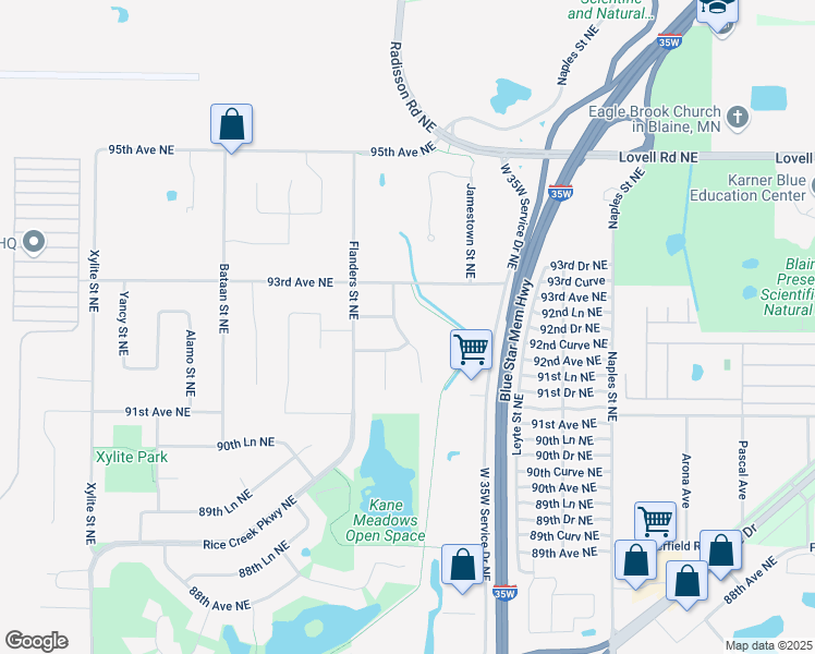 map of restaurants, bars, coffee shops, grocery stores, and more near 9219 Harpers Court Northeast in Blaine