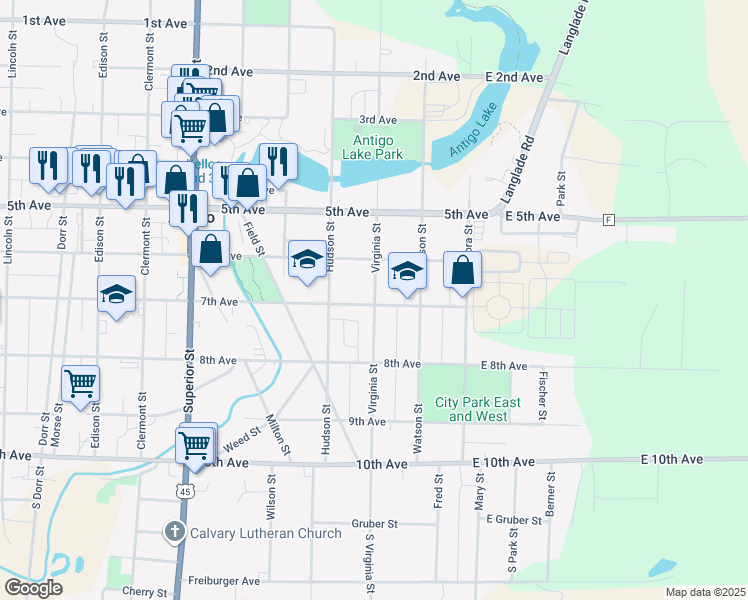 map of restaurants, bars, coffee shops, grocery stores, and more near 410 Virginia St in Antigo