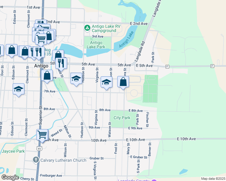 map of restaurants, bars, coffee shops, grocery stores, and more near 431 Watson Street in Antigo