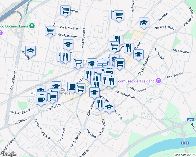 map of restaurants, bars, coffee shops, grocery stores, and more near 4 Via Vittorio Alfieri in Settimo Torinese