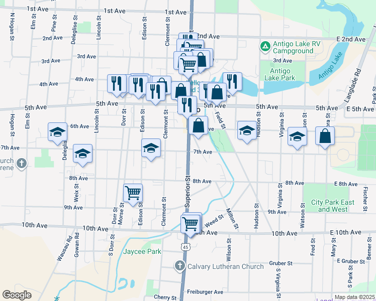 map of restaurants, bars, coffee shops, grocery stores, and more near 404 Superior Street in Antigo