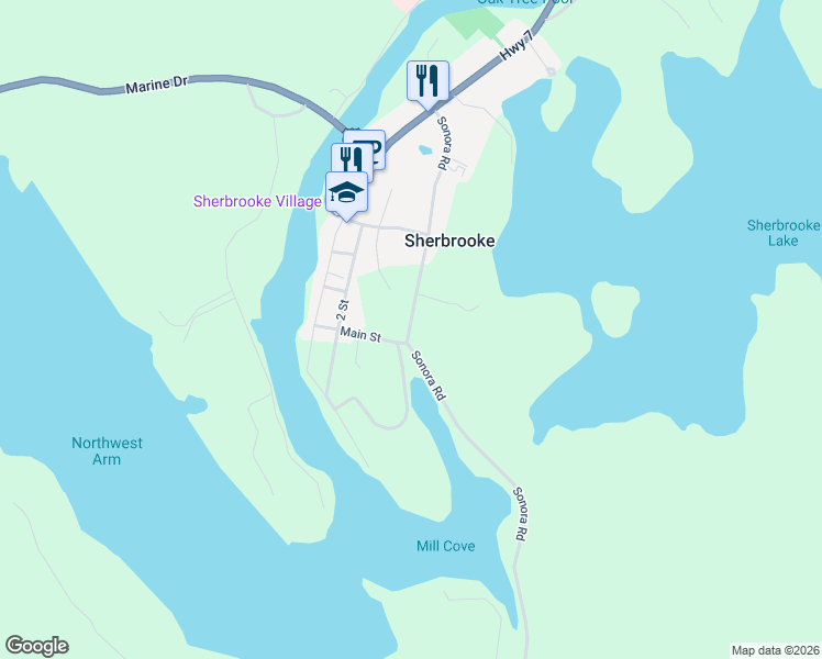 map of restaurants, bars, coffee shops, grocery stores, and more near 4132 Sonora Road in Sherbrooke