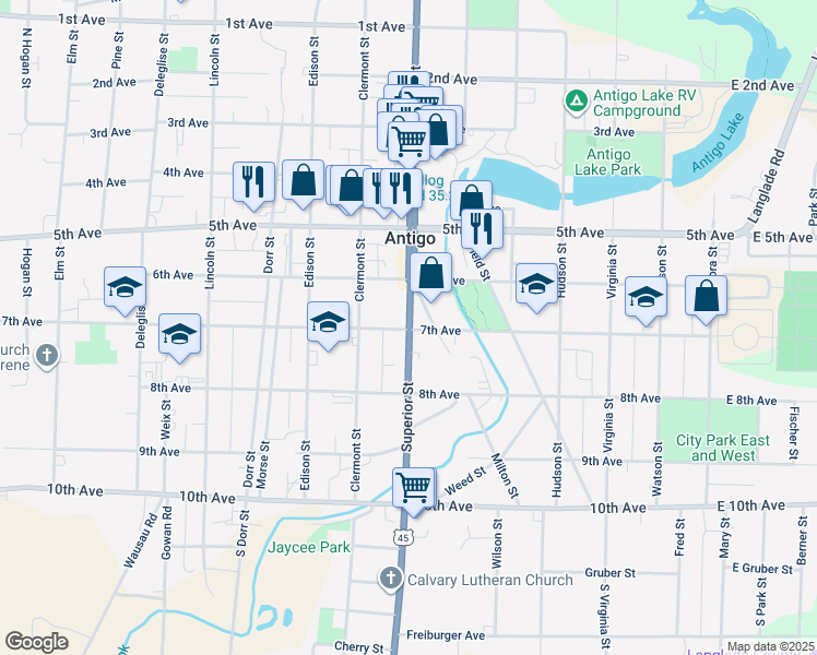 map of restaurants, bars, coffee shops, grocery stores, and more near 404 Superior Street in Antigo
