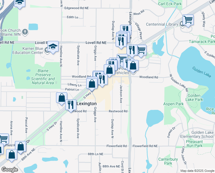 map of restaurants, bars, coffee shops, grocery stores, and more near 9175 Lake Drive in Circle Pines