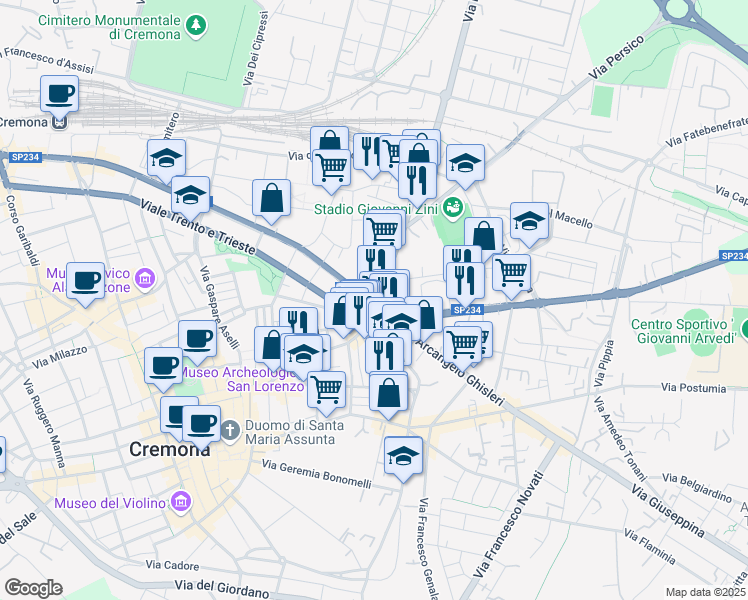 map of restaurants, bars, coffee shops, grocery stores, and more near 20 Piazza della Libertà in Cremona