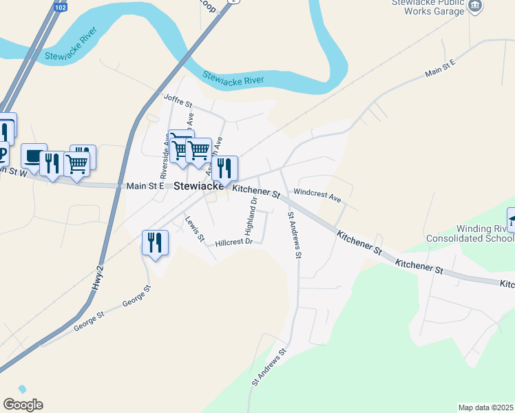 map of restaurants, bars, coffee shops, grocery stores, and more near 9 Highland Drive in Stewiacke