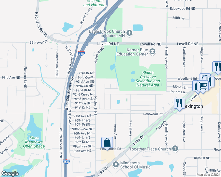 map of restaurants, bars, coffee shops, grocery stores, and more near 9298 Quemoy Street in Circle Pines