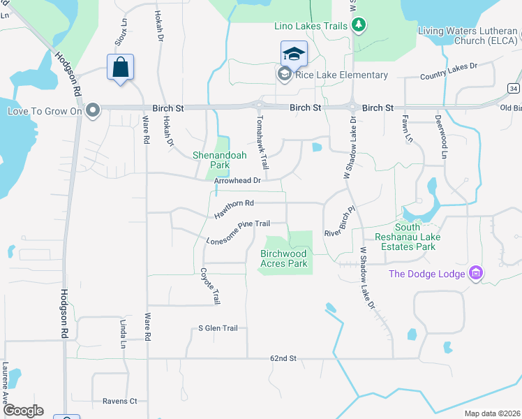 map of restaurants, bars, coffee shops, grocery stores, and more near 532 Hawthorn Road in Lino Lakes