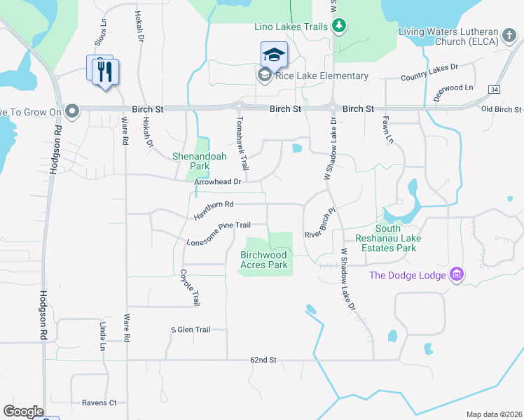 map of restaurants, bars, coffee shops, grocery stores, and more near 562 Hawthorn Road in Lino Lakes