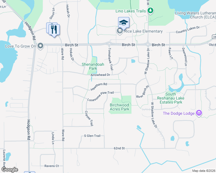 map of restaurants, bars, coffee shops, grocery stores, and more near 532 Hawthorn Road in Lino Lakes