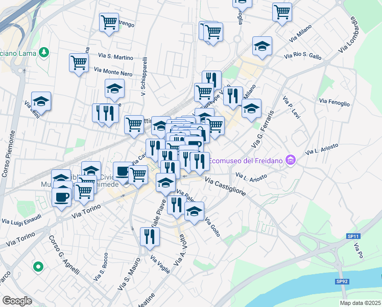 map of restaurants, bars, coffee shops, grocery stores, and more near 62 Via Italia in Settimo Torinese