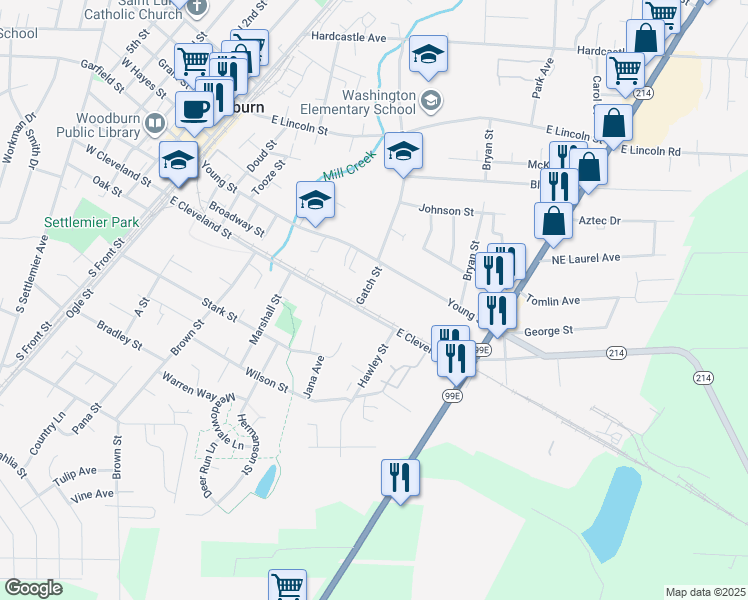 map of restaurants, bars, coffee shops, grocery stores, and more near 100 Gatch Street in Woodburn