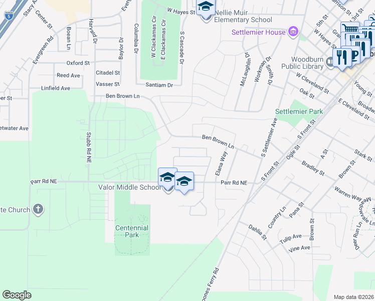 map of restaurants, bars, coffee shops, grocery stores, and more near 540 Rye Street in Woodburn
