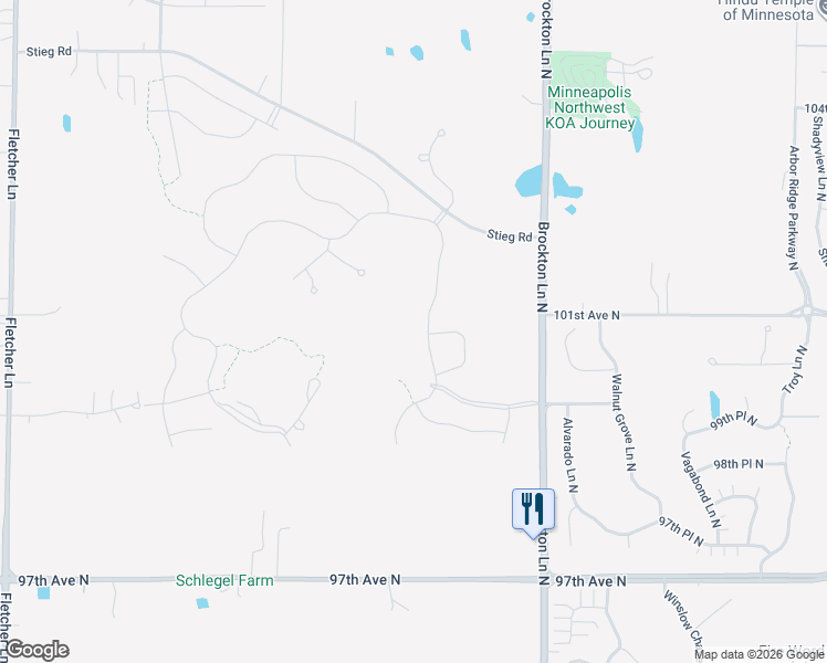 map of restaurants, bars, coffee shops, grocery stores, and more near 19284 101st Place in Rogers