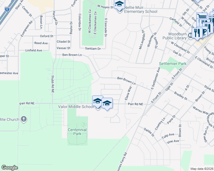 map of restaurants, bars, coffee shops, grocery stores, and more near 540 Rye Street in Woodburn