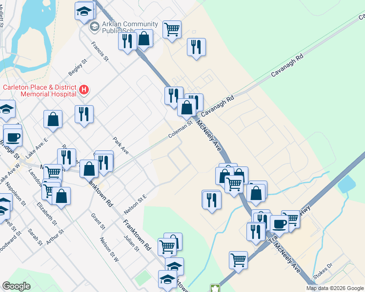 map of restaurants, bars, coffee shops, grocery stores, and more near in Carleton Place