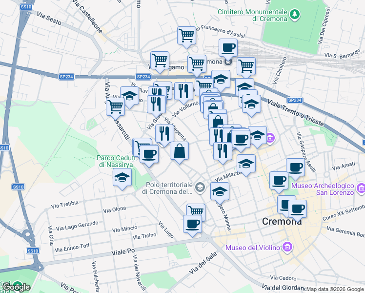 map of restaurants, bars, coffee shops, grocery stores, and more near 22 Via dei Mille in Cremona