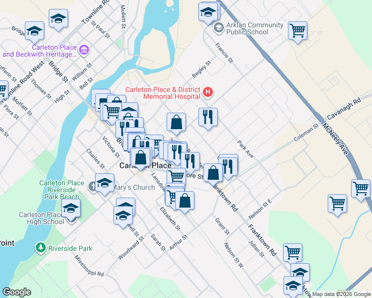 map of restaurants, bars, coffee shops, grocery stores, and more near 33 Rochester Street in Carleton Place