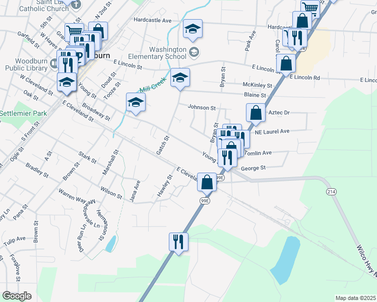 map of restaurants, bars, coffee shops, grocery stores, and more near 950 Young Street in Woodburn