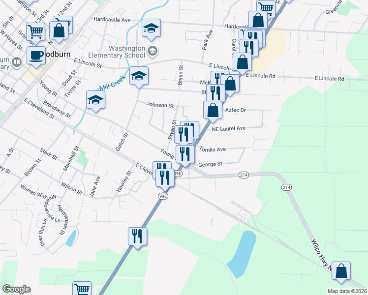 map of restaurants, bars, coffee shops, grocery stores, and more near 321 North Pacific Highway in Woodburn