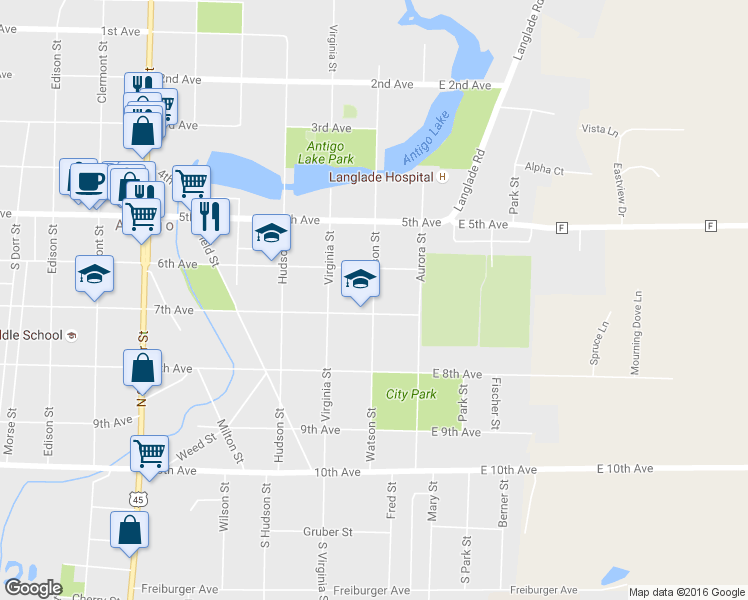 map of restaurants, bars, coffee shops, grocery stores, and more near 431 Watson Street in Antigo