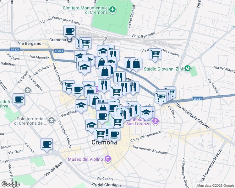 map of restaurants, bars, coffee shops, grocery stores, and more near 58 Via Gaspare Aselli in Cremona