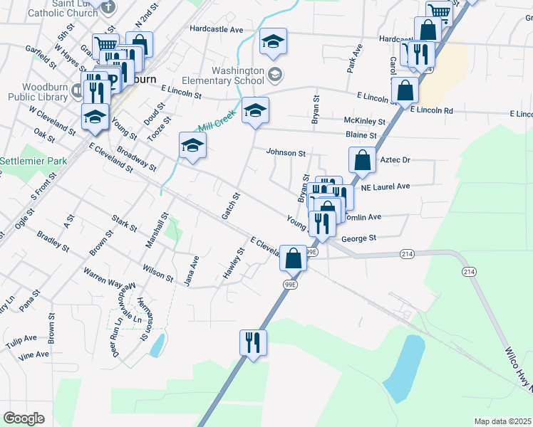 map of restaurants, bars, coffee shops, grocery stores, and more near 950 Young Street in Woodburn
