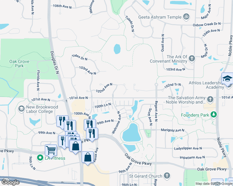 map of restaurants, bars, coffee shops, grocery stores, and more near 5511 102nd Avenue North in Minneapolis