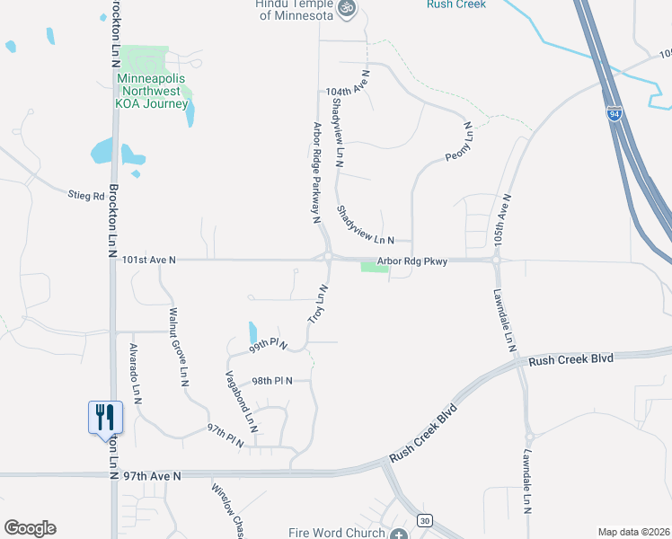 map of restaurants, bars, coffee shops, grocery stores, and more near 10084 Troy Lane North in Maple Grove