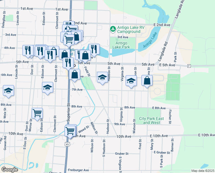 map of restaurants, bars, coffee shops, grocery stores, and more near 428 Hudson Street in Antigo