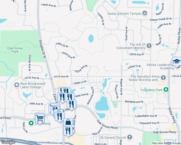 map of restaurants, bars, coffee shops, grocery stores, and more near 5511 102nd Avenue North in Minneapolis