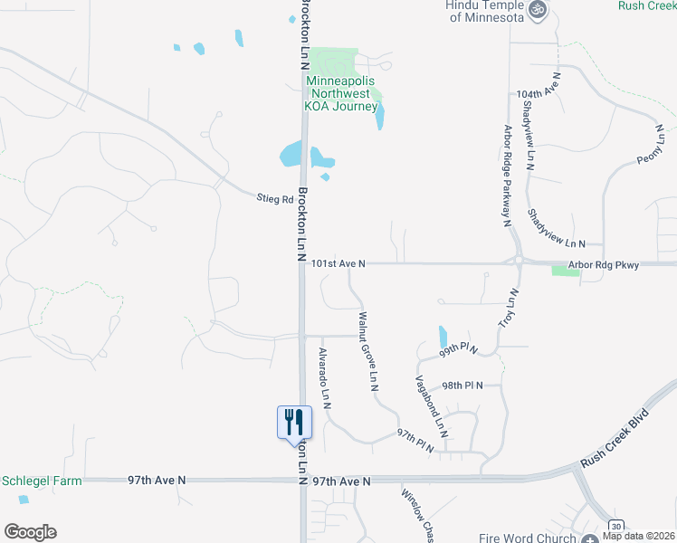 map of restaurants, bars, coffee shops, grocery stores, and more near 19098 100th Place North in Maple Grove